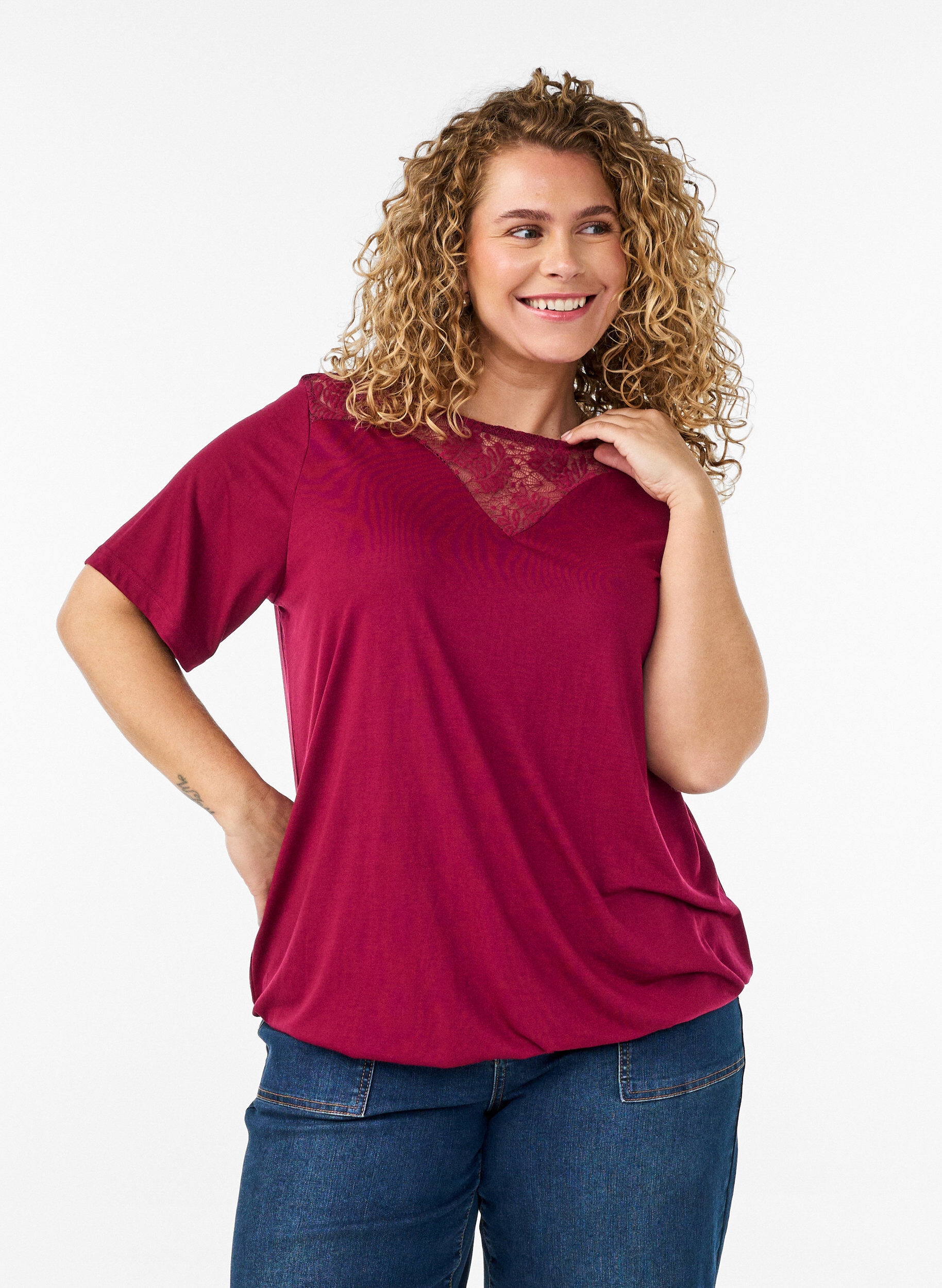 ZizziBluse mit Spitzeneinsatz und Ballon&auml;rmeln, Rot, Model image number 0