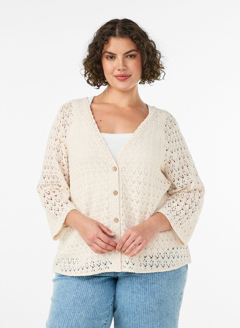 Strickjacke mit Lochstickerei und V-Ausschnitt, Beige, Model image number 0