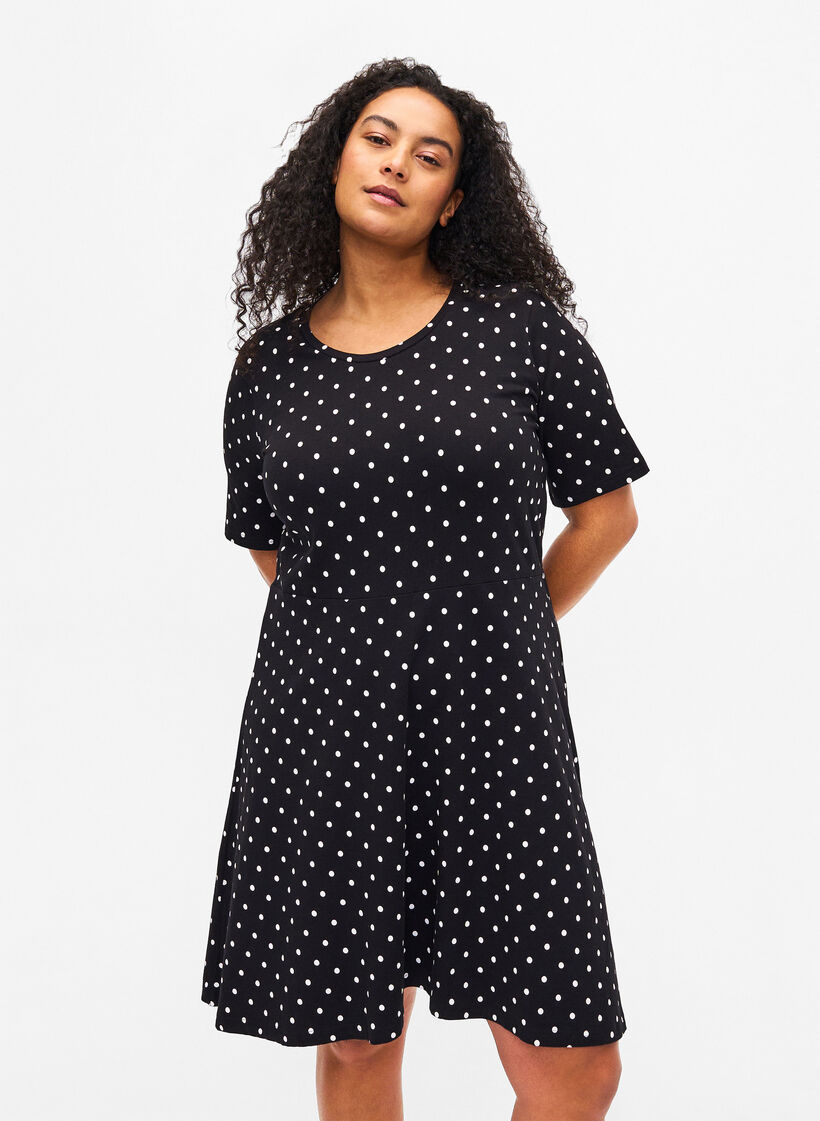 Baumwollkleid mit kurzen Ärmeln und Punkten, Black w. White Dot, Model image number 0