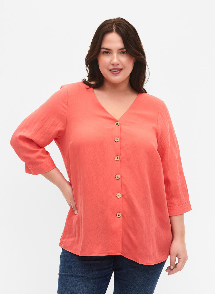 Bluse aus Viskose mit Knöpfen und V-Ausschnitt, Deep Sea Coral, Model image number 0