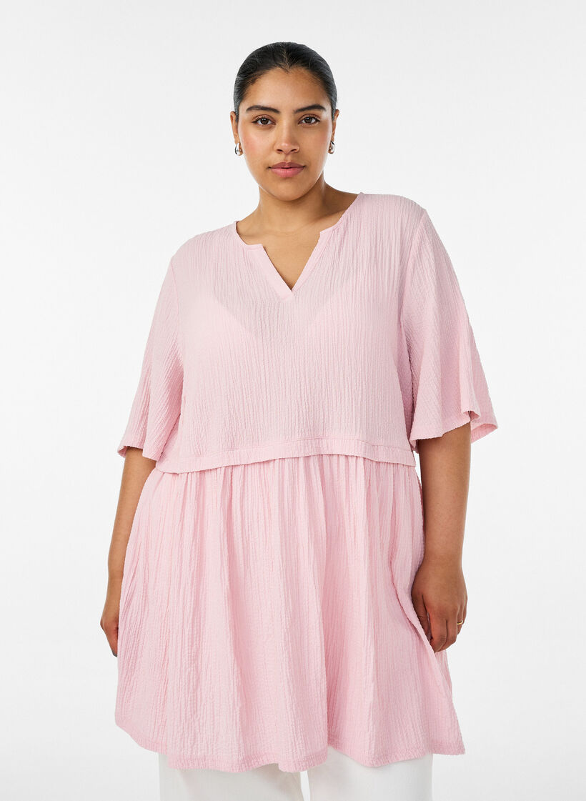 Tunika mit Crinkle-Struktur und 1/2-&Auml;rmeln, Pink, Model image number 0