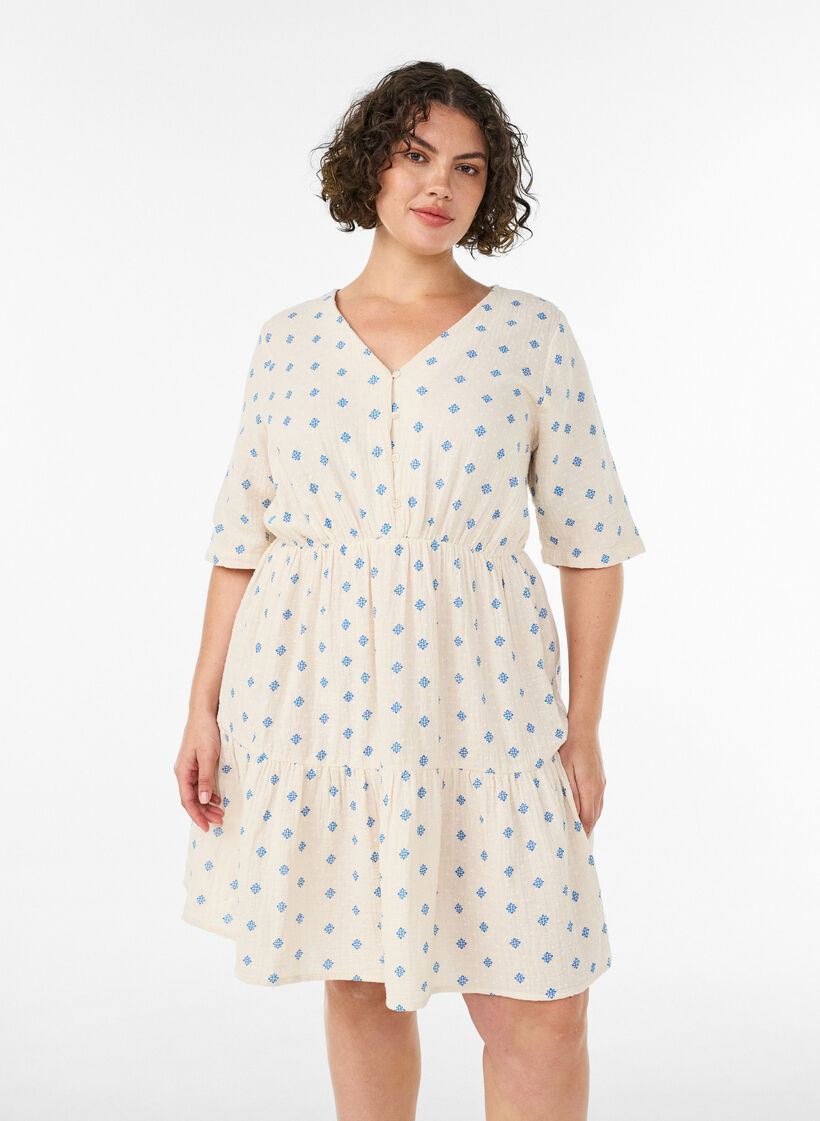 Bedrucktes Kleid aus Baumwolle mit Gummizug in der Taille, Beige, Model image number 0