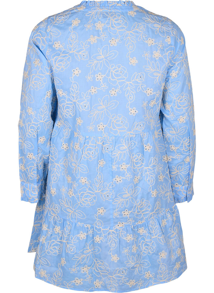 Kleid mit gestickten Blüten und langen Ärmeln, Blau, Packshot image number 1