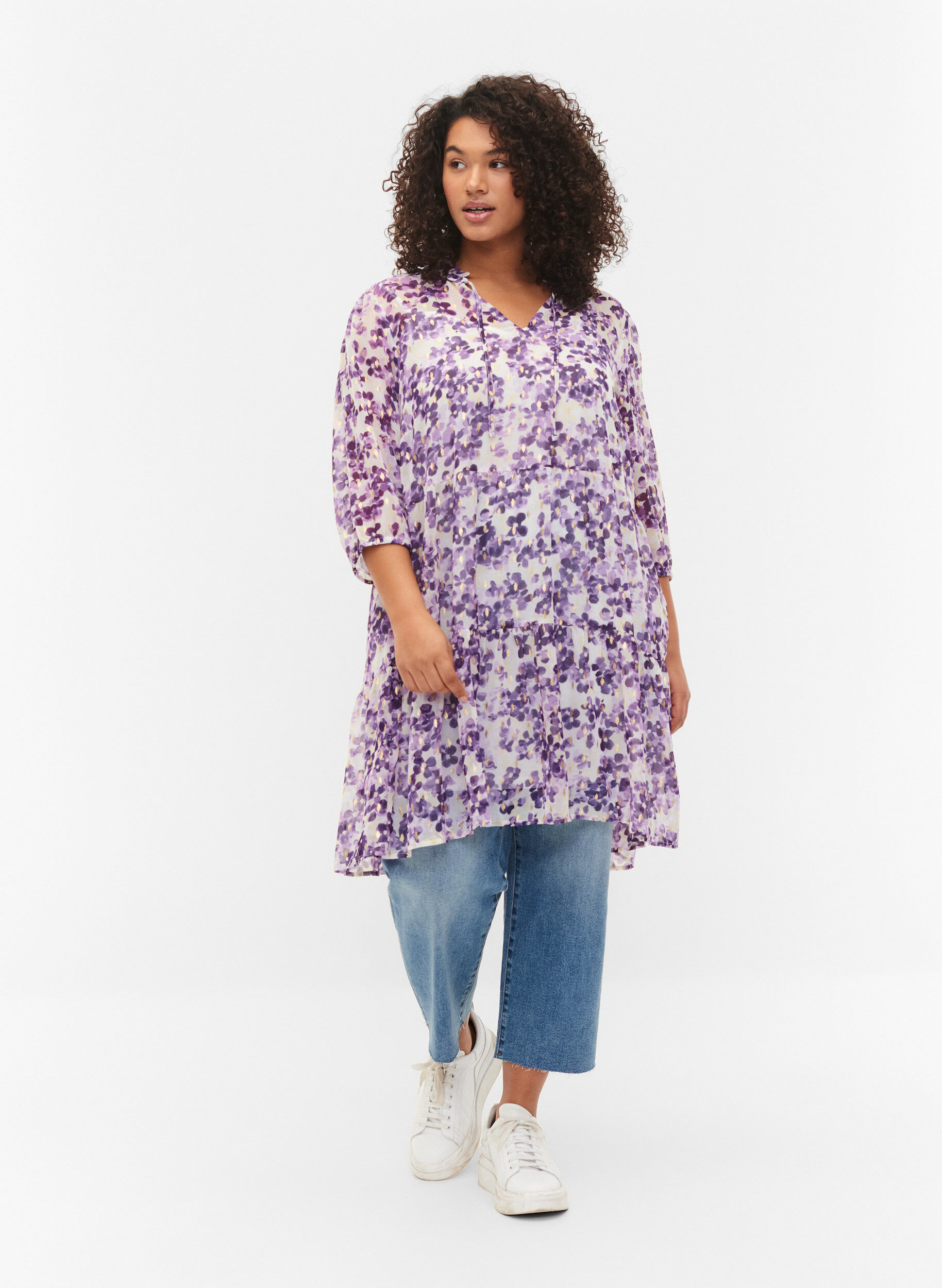 Zizzi Tunika mit Blumendruck und Lurex, Beige/Purple Flower, Model image number 2