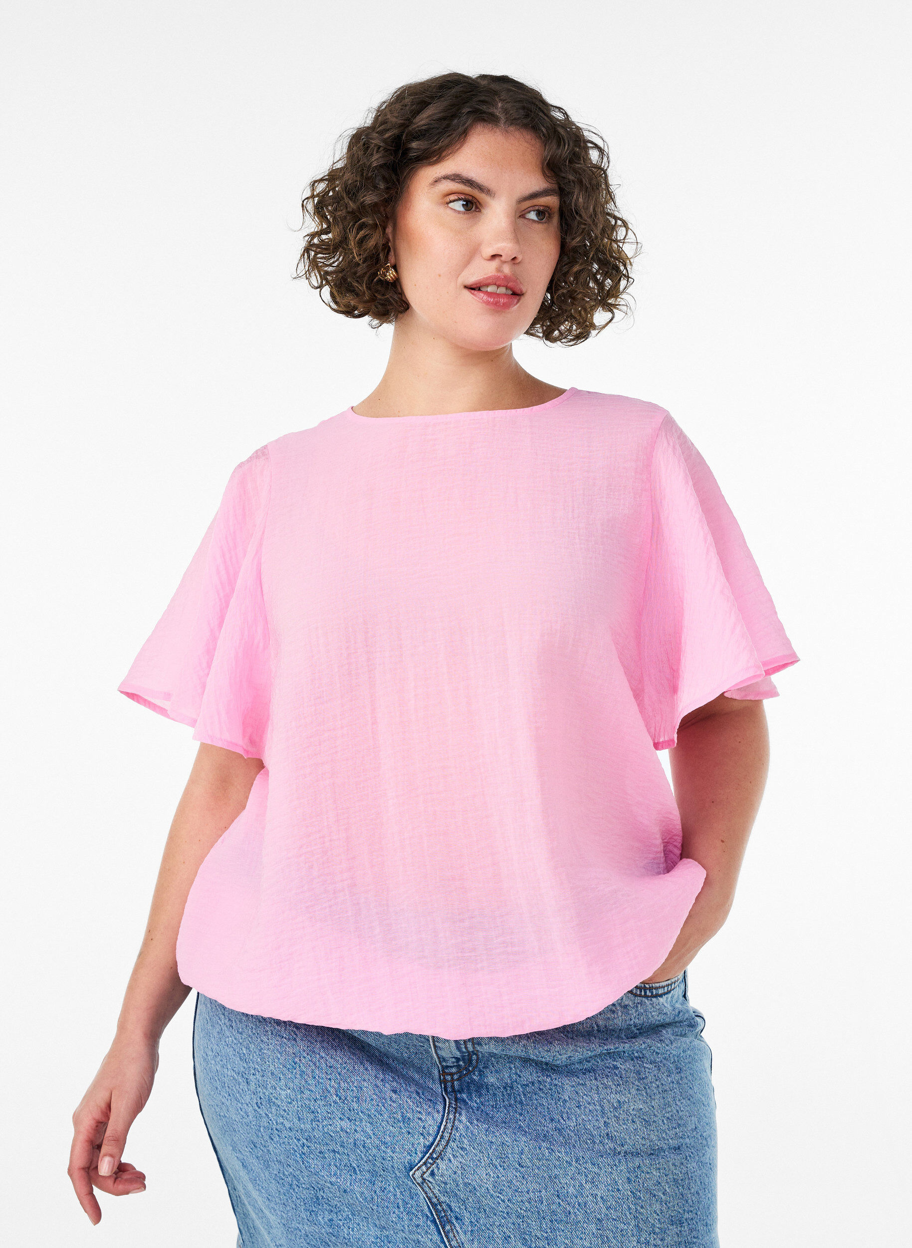 Bluse mit Ballonform und Fl&uuml;gel&auml;rmeln, Pink, Model