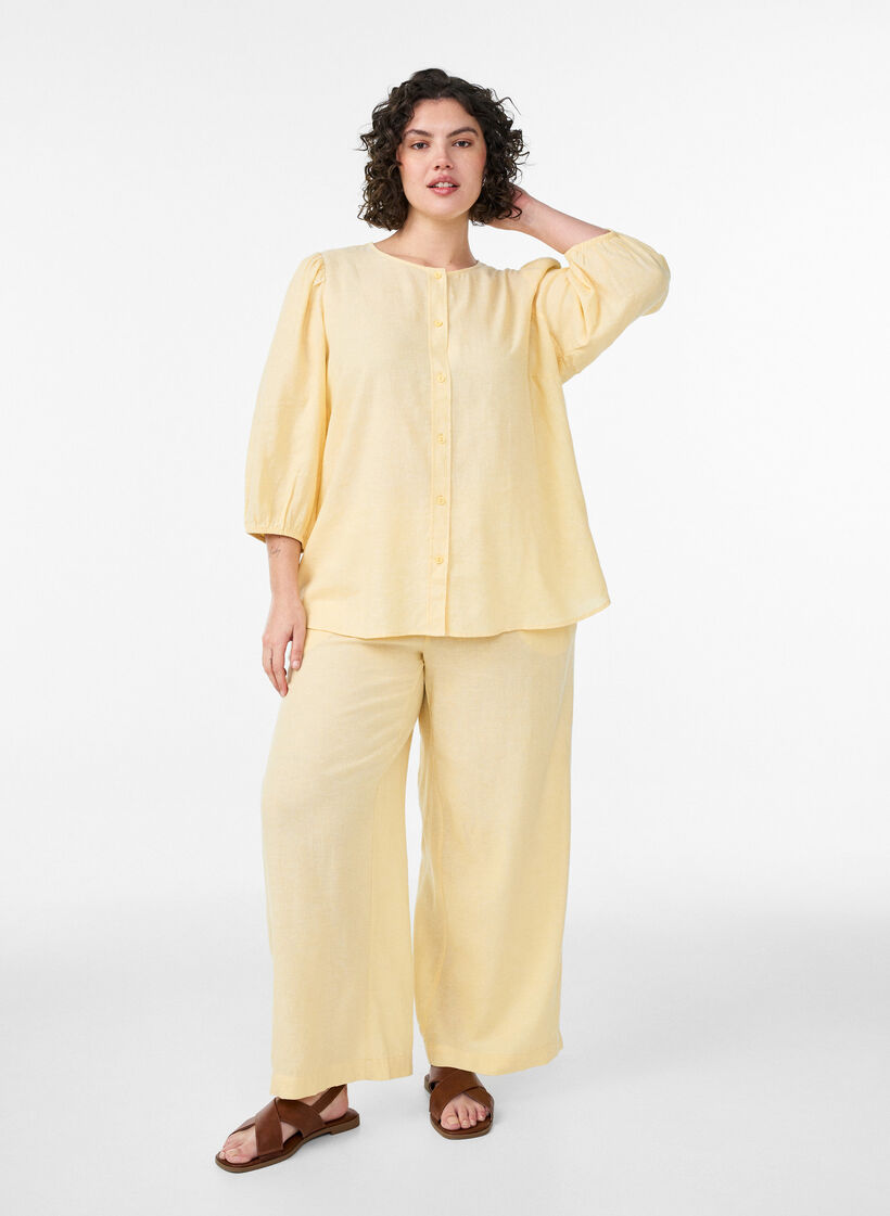 Hose aus Leinen und Viskose mit weitem Bein, Gelb, Model image number 0