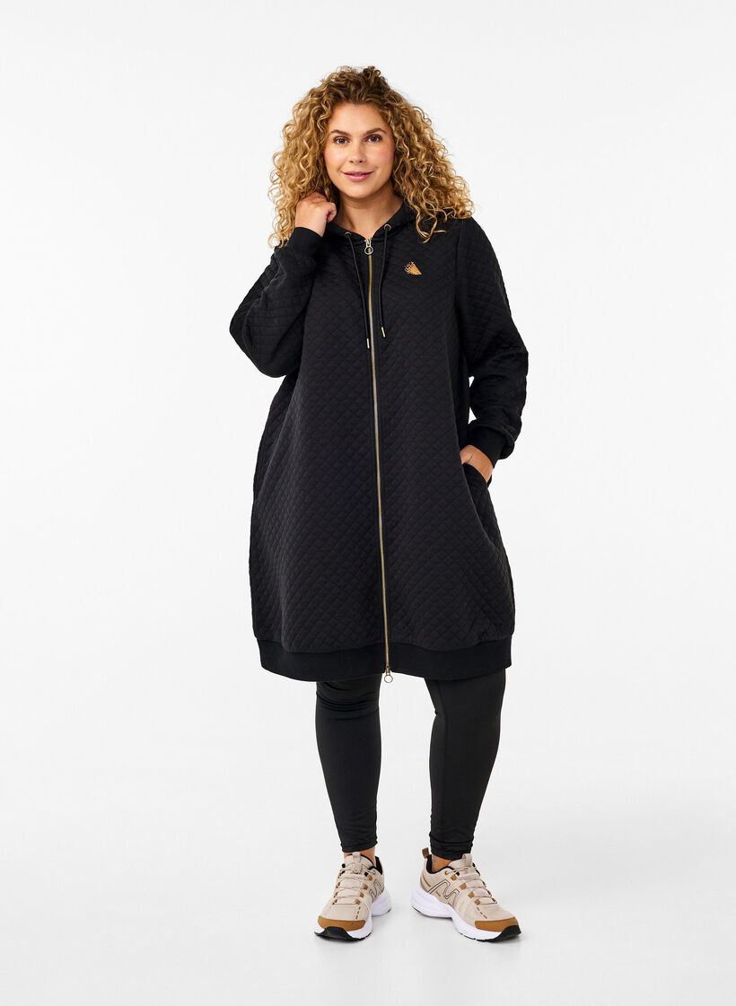 Lange gesteppte Sportstrickjacke mit Rei&szlig;verschluss, Schwarz, Model image number 1