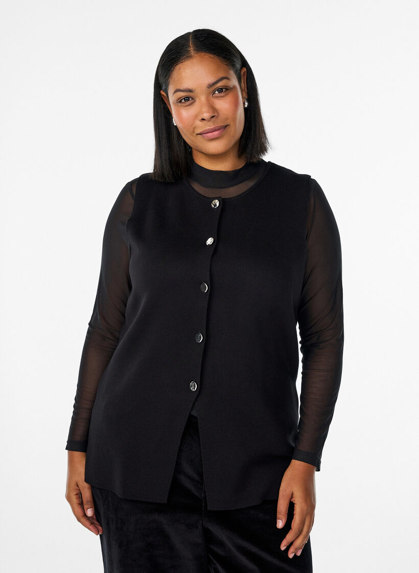 Ärmellose Strickweste mit Zierknöpfen, Schwarz, Model image number 0