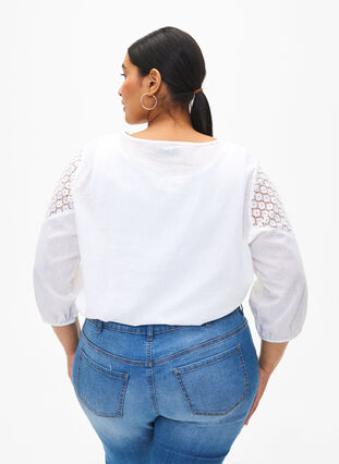 Bluse aus Baumwollmischung mit Leinen und Häkeldetails, Bright White, Model image number 1