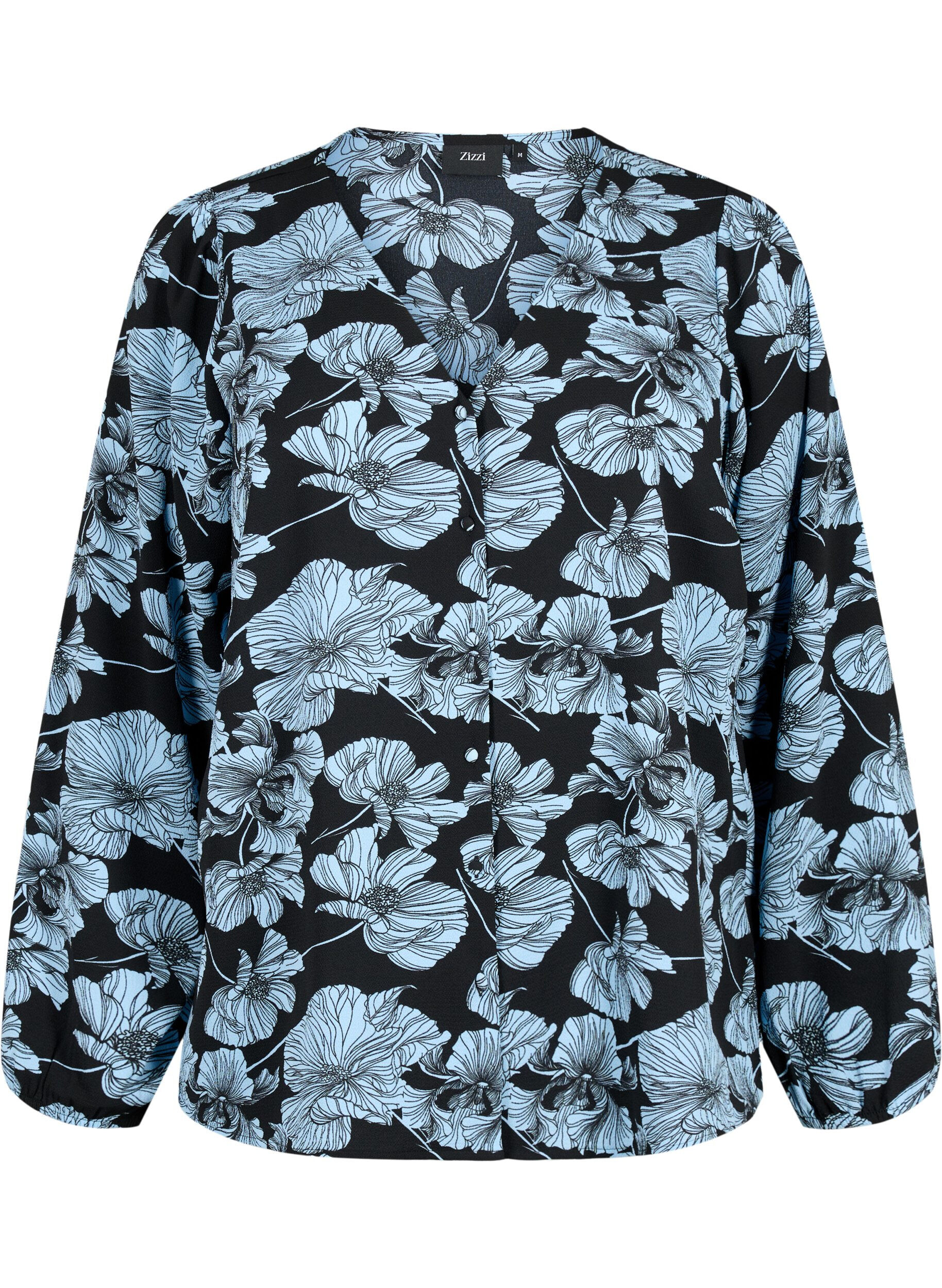 Zizzi  Hemdbluse mit V-Ausschnitt und Aufdruck, Black B. Flower AOP, Packshot image number 0