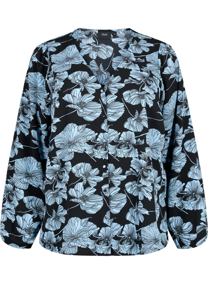  Hemdbluse mit V-Ausschnitt und Aufdruck, Black B. Flower AOP, Packshot image number 0