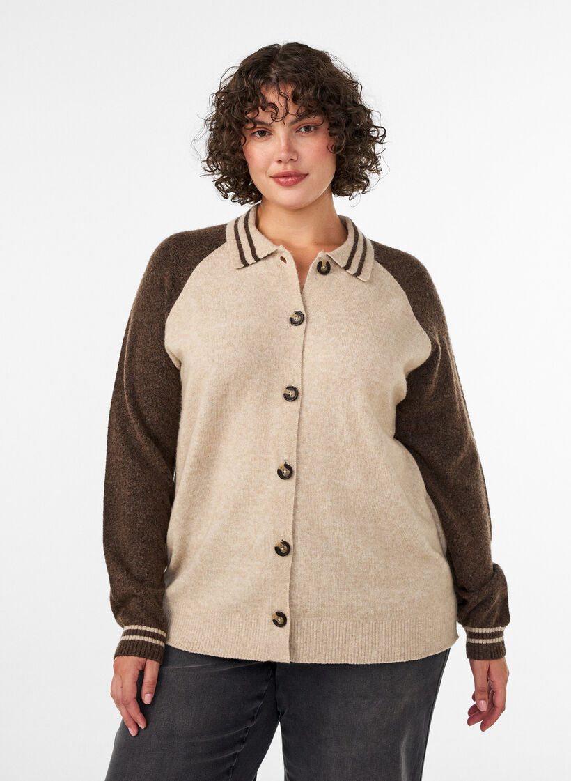 Strickjacke mit Kontrast&auml;rmeln und Kragen, Beige, Model image number 0