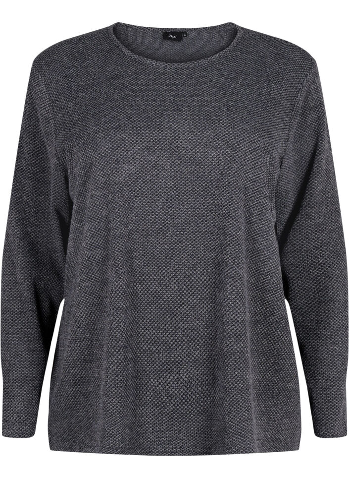 Melange Bluse mit rund um den Neck und langen Ärmel, Dark Grey, Packshot image number 0