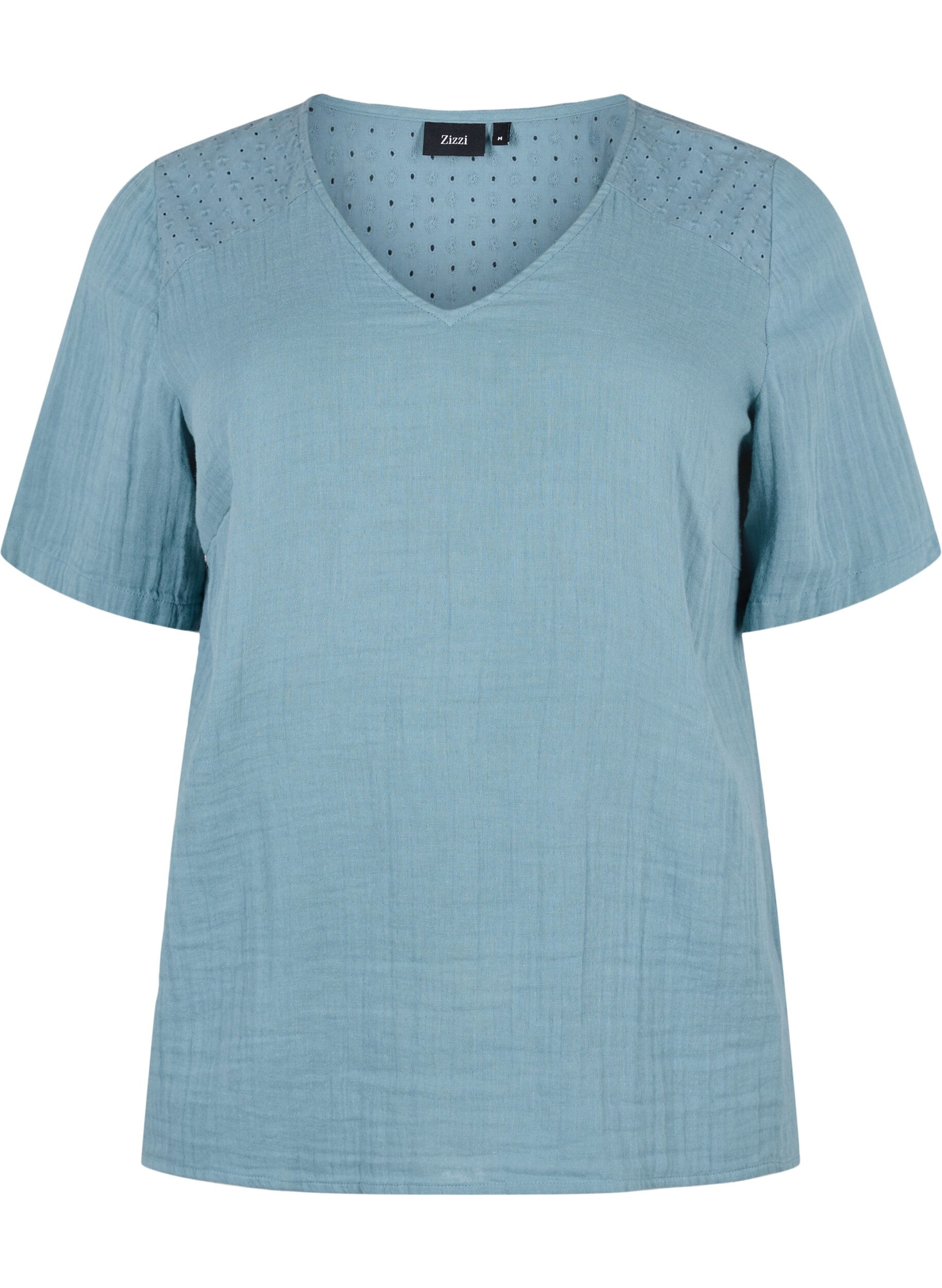 Zizzi Bluse aus Baumwolle mit Stickerei und kurzen &Auml;rmeln, Smoke Blue, Packshot image number 0