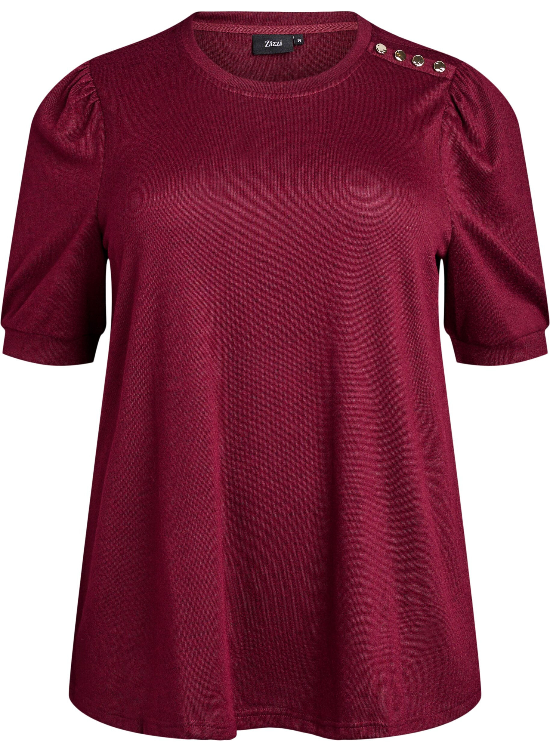 Zizzi Bluse mit Knopfdetail und kurzen Puff&auml;rmeln, Dunkles Bordeaux, Packshot image number 0