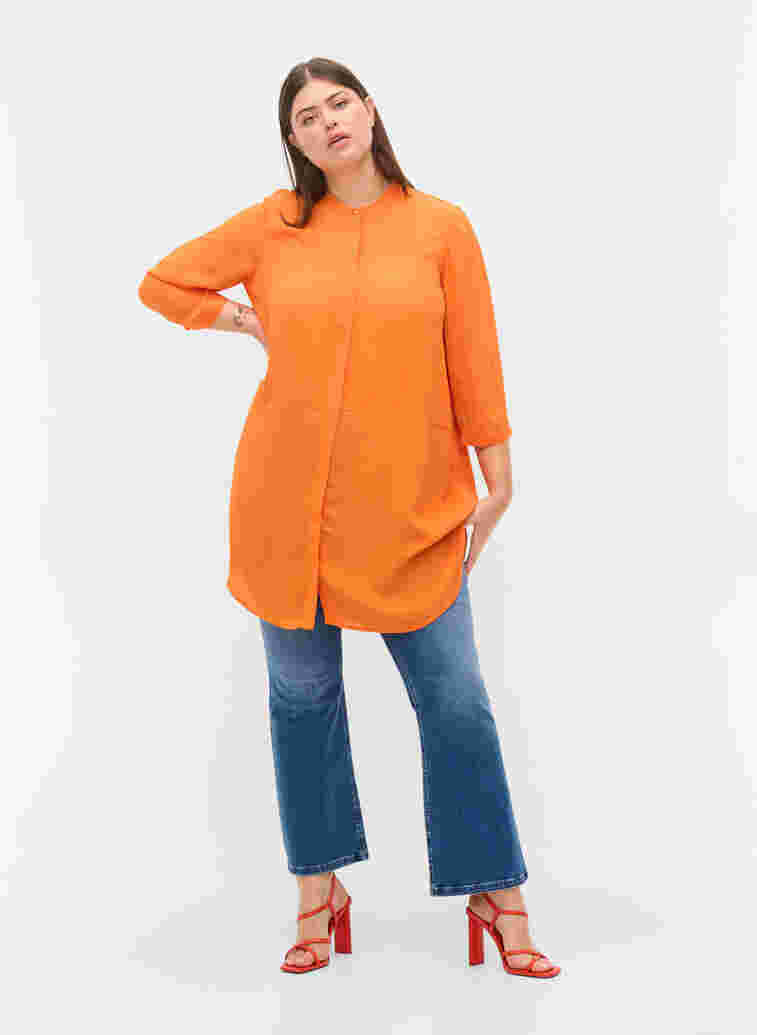 Lange Hemdbluse aus Viskose mit 3/4-Ärmeln, Orange Peel, Model image number 2
