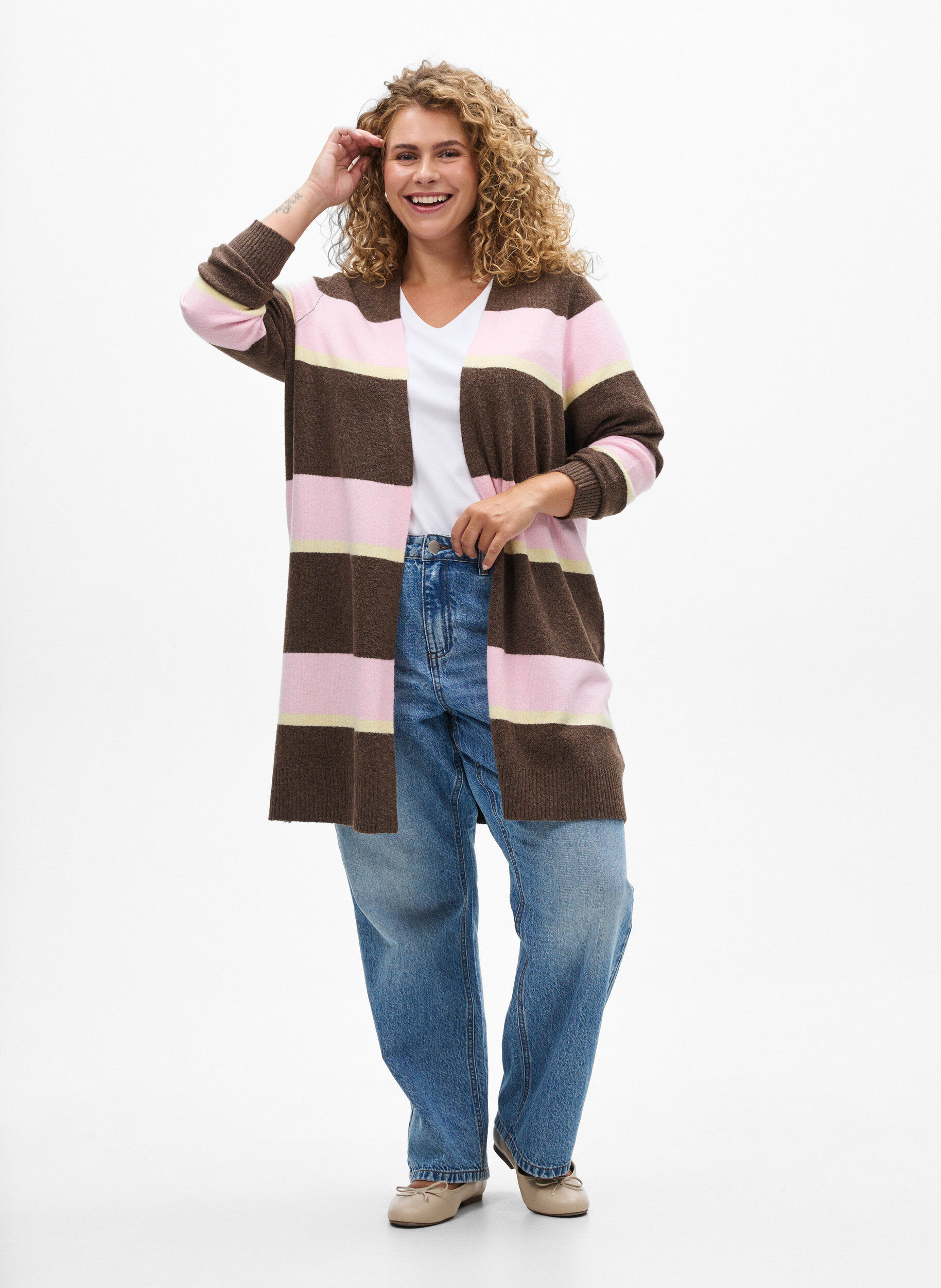 Zizzi Lange Strickjacke mit breiten Streifen, Braun, Model image number 1