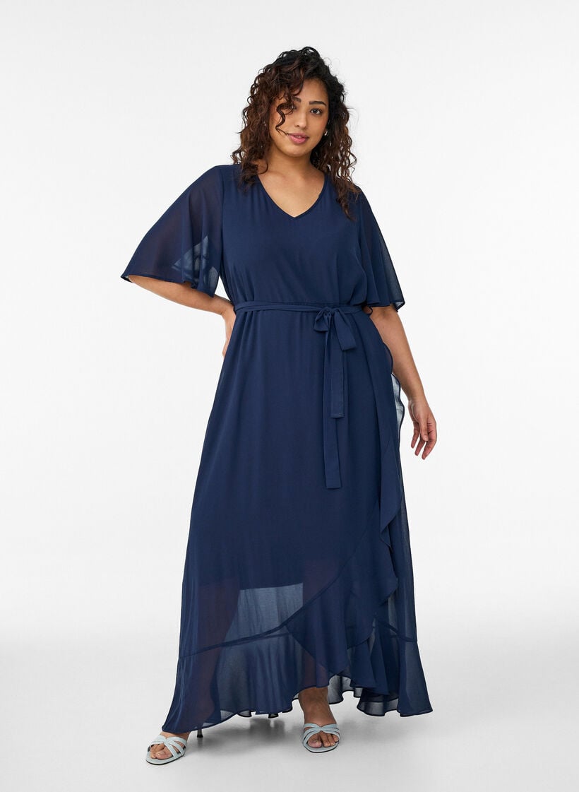Maxikleid aus Chiffon mit V-Ausschnitt und R&uuml;schensaum, Blau, Model image number 0