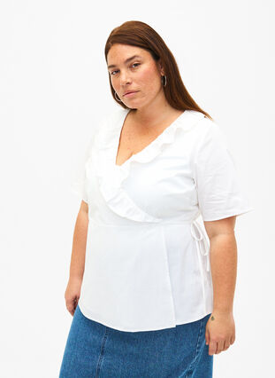  Kurzärmelige Bluse mit Rüschendetail, Bright White, Model image number 0
