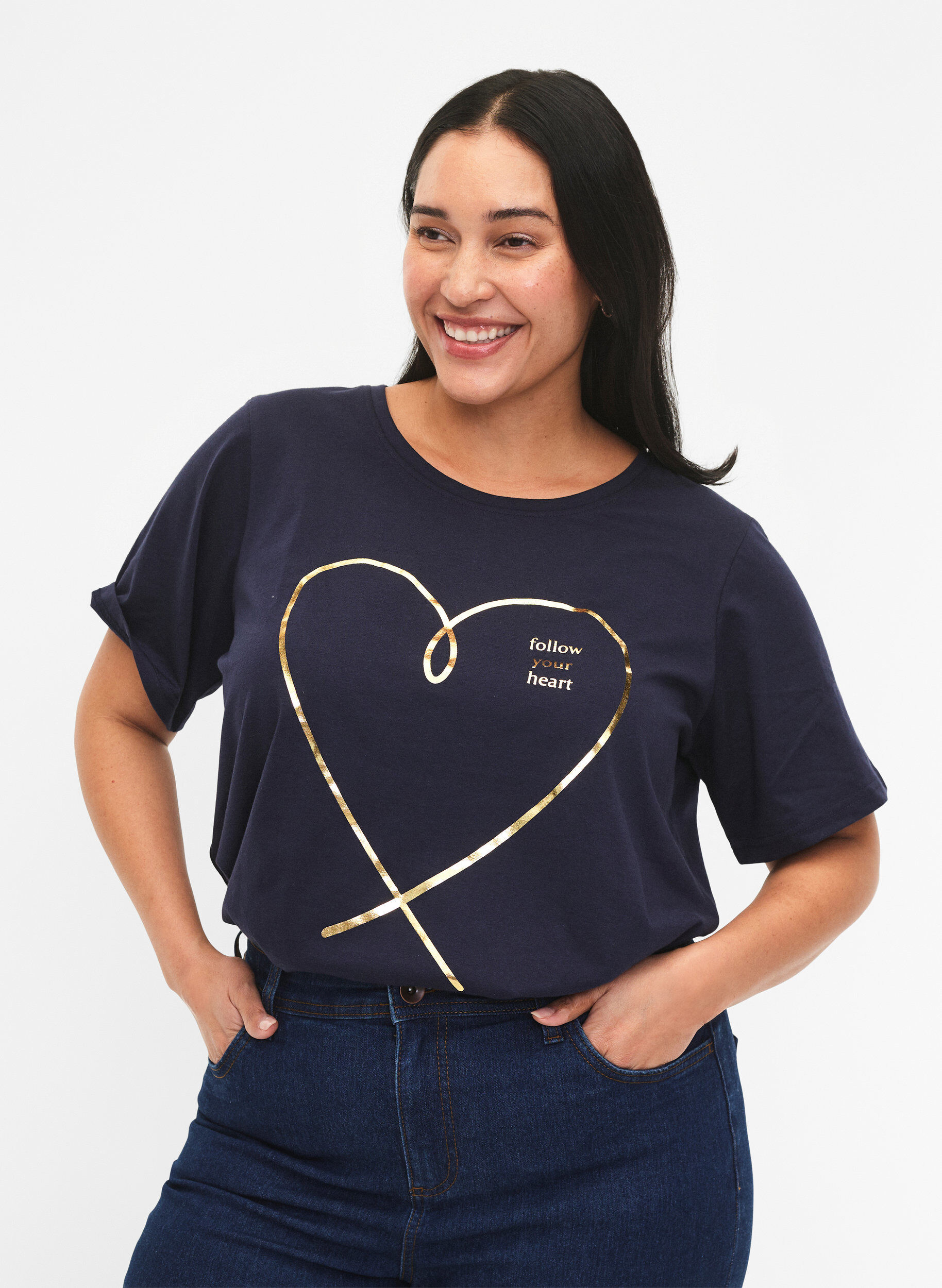 Zizzi FLASH - T-Shirt mit Motiv, Navy Blazer, Model image number 0