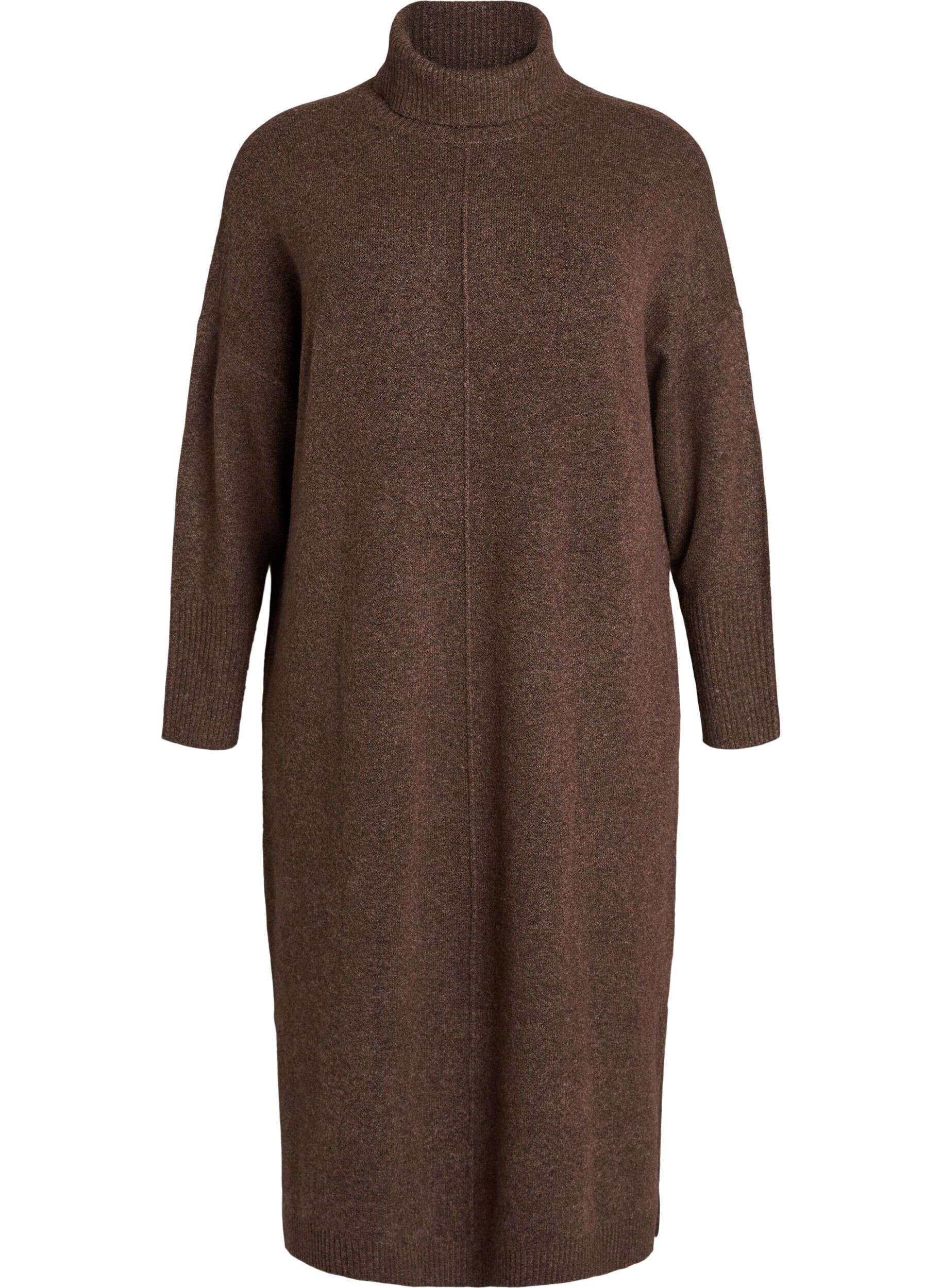 ZizziStrickkleid mit Rollkragen und Schlitzen, Braun, Packshot image number 0