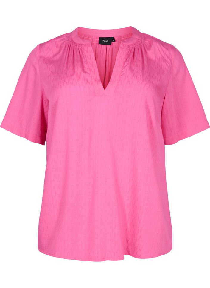 Kurzärmlige Viskosebluse mit V-Ausschnitt, Shocking Pink, Packshot image number 0