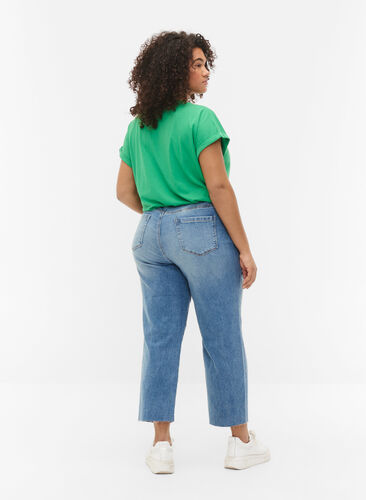 7/8-Jeans mit Fransensaum und hoher Taille, Light blue denim, Model image number 1