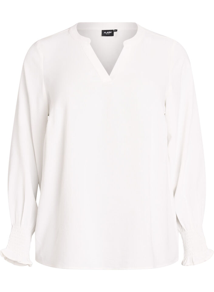 Bluse mit Smockb&uuml;ndchen und V-Ausschnitt, Vanille, Packshot image number 0