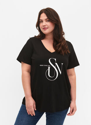 T-Shirt aus Baumwolle mit Druck, Black SUN, Model image number 0