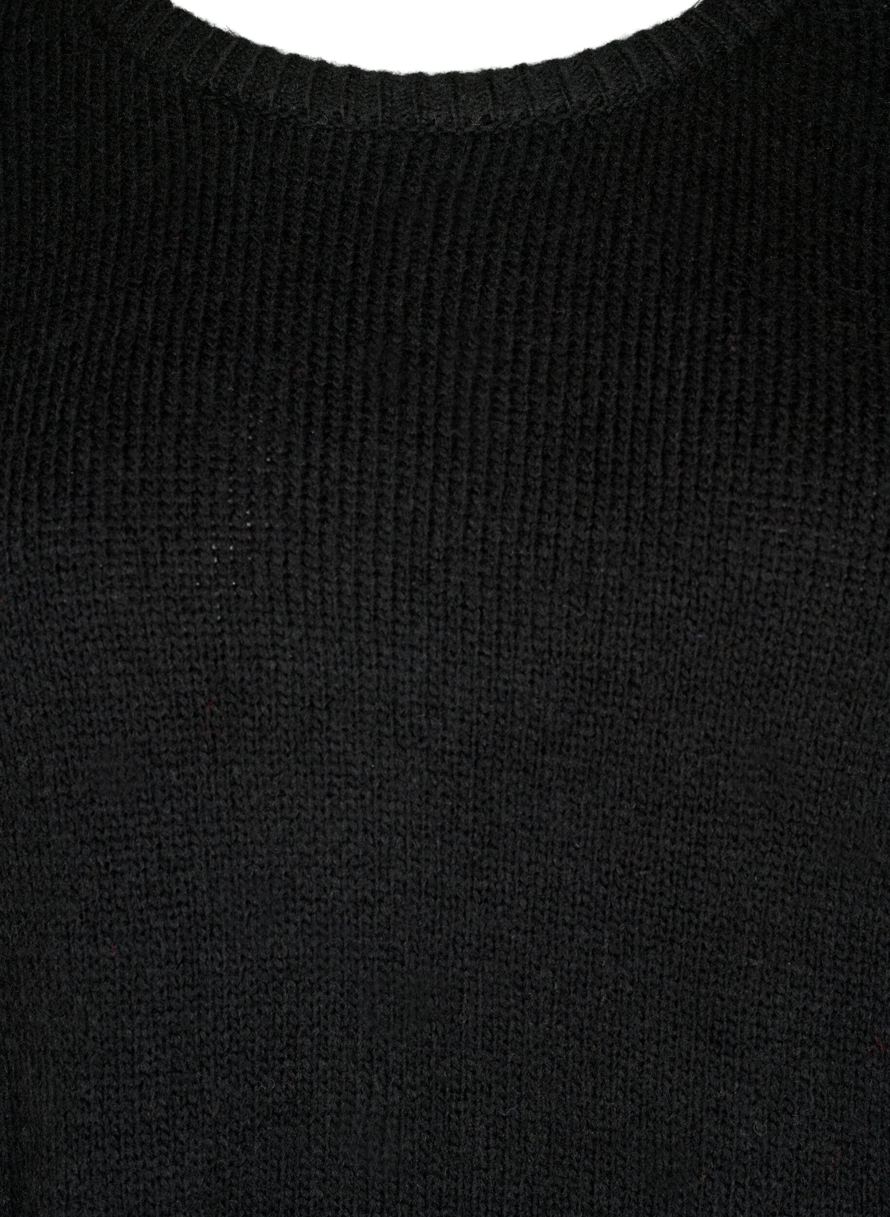 Zizzi Lang&auml;rmliger Strickpullover mit Wollanteil und Rundhalsausschnitt, Black Solid, Packshot image number 2