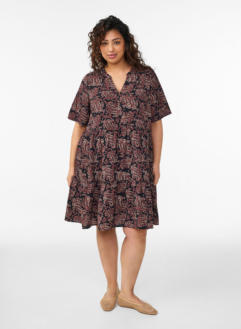 Kurzarmkleid mit A-Linie und Teilungsn&auml;hten, Schwarz, Model image number 1