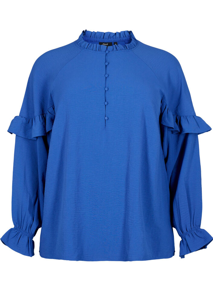 Bluse mit Rüschen und Knöpfen, Deep Ultramarine, Packshot image number 0