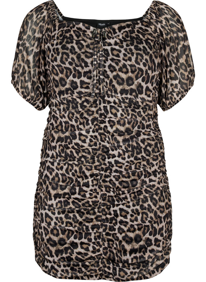 Kurzes Kleid aus Mesh mit Leopardenprint, Leo, Packshot image number 0