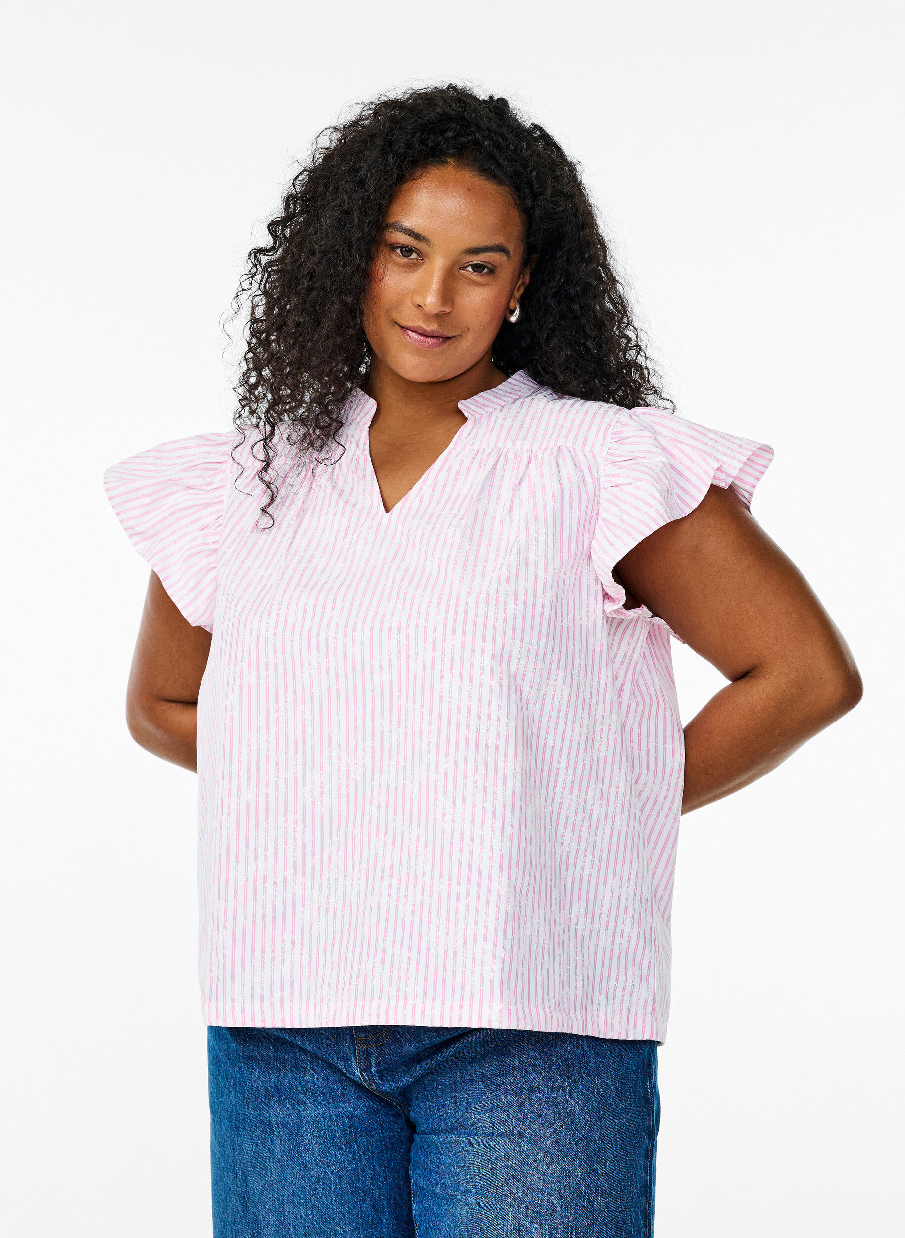 &Auml;rmellose Bluse mit Streifen und Blumendruck, Pink, Model