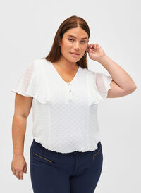 Bluse mit gepunkteter Struktur und kurzen Ärmeln, Bright White, Model