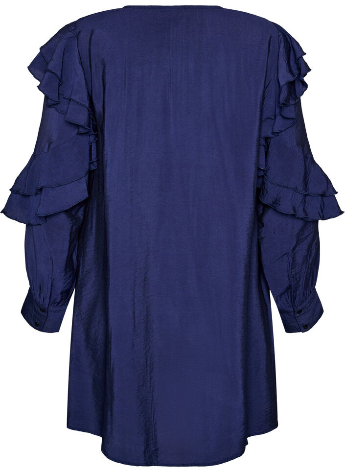 Viskosekleid mit R&uuml;schen und Bindeb&auml;ndern, Blau, Packshot image number 1