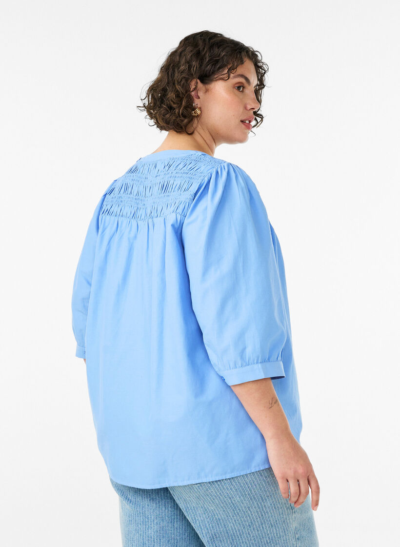 Bluse mit Smock und 3/4-&Auml;rmeln, Blau, Model image number 2