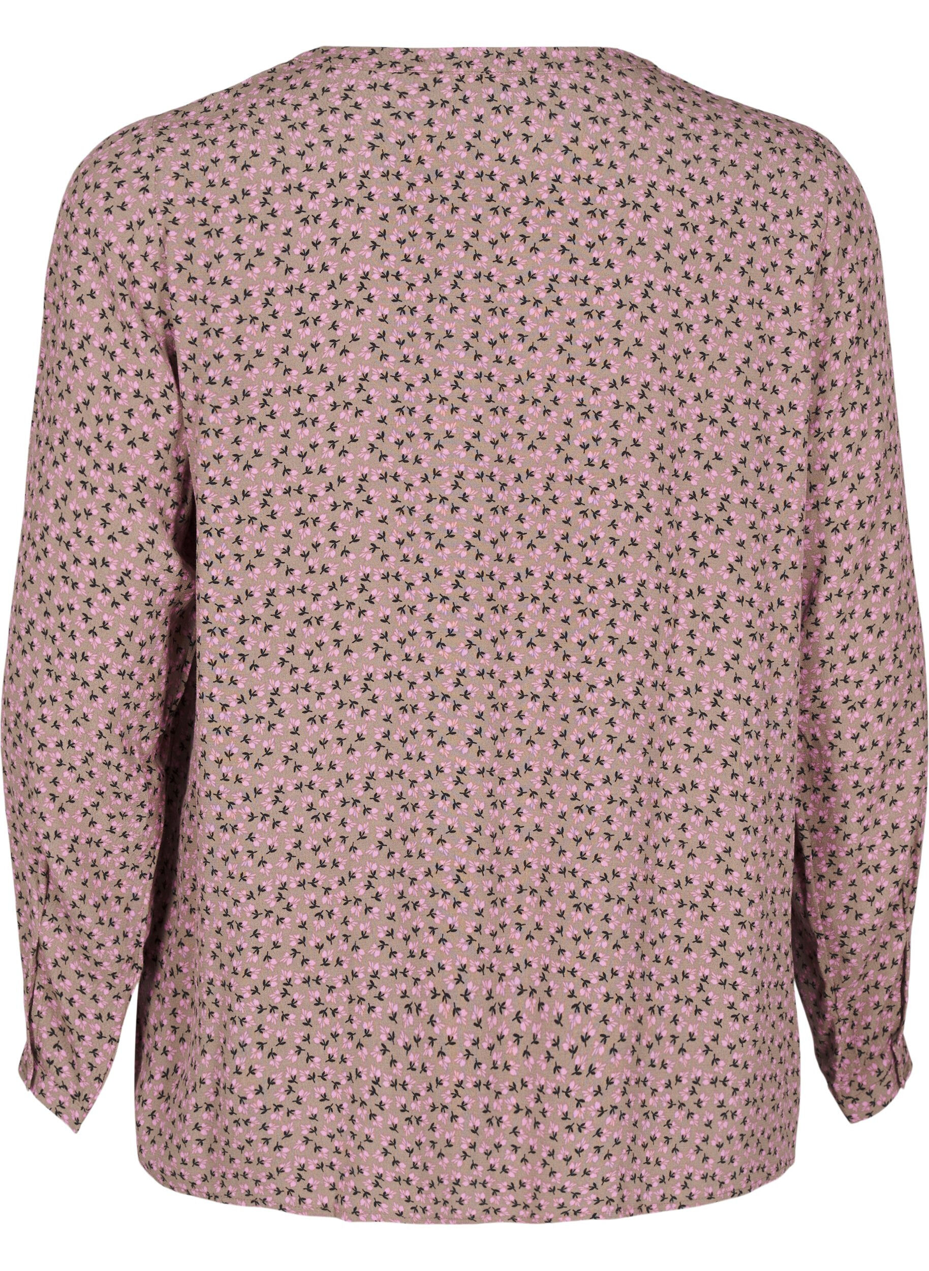 Zizzi Lang&auml;rmelige Bluse mit gebl&uuml;mtem Print und V-Ausschnitt, Braun, Packshot image number 1