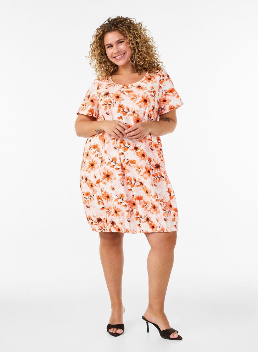 Kurz&auml;rmliges Baumwollkleid mit Aufdruck, Orange, Model image number 1