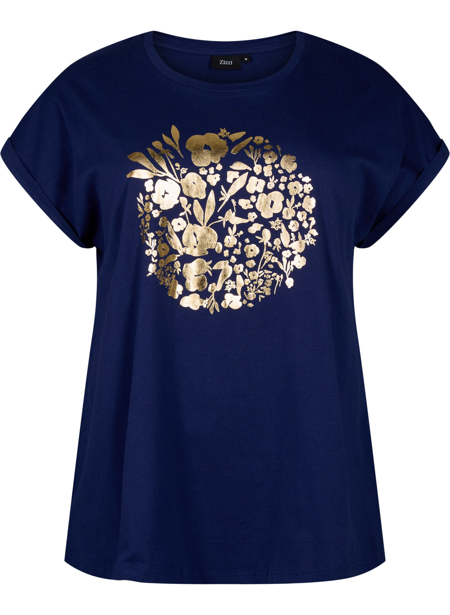 Zizzi T-Shirt aus Bio-Baumwolle mit Golddruck, Med.Blue Gold Flower, Packshot image number 0