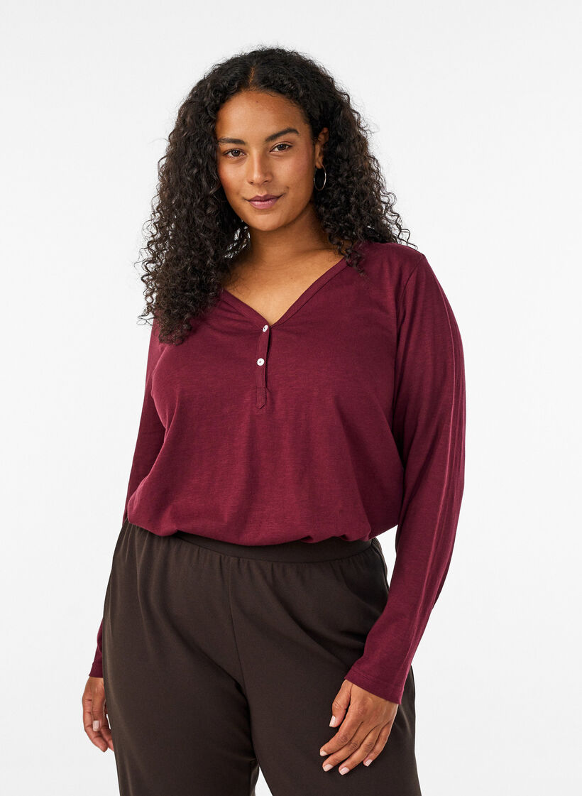 Langarmshirt mit V-Ausschnitt und Kn&ouml;pfen, Rot, Model image number 0
