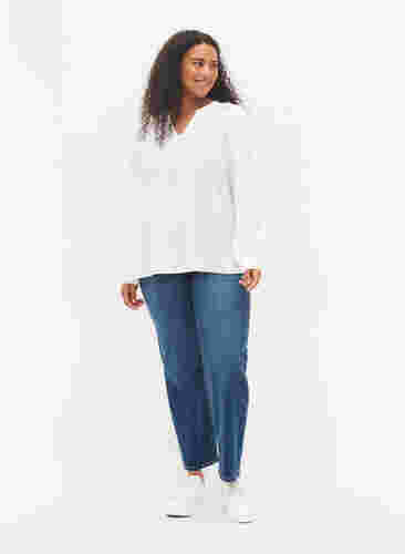 Langärmelige Bluse mit V-Ausschnitt, Bright White, Model image number 2
