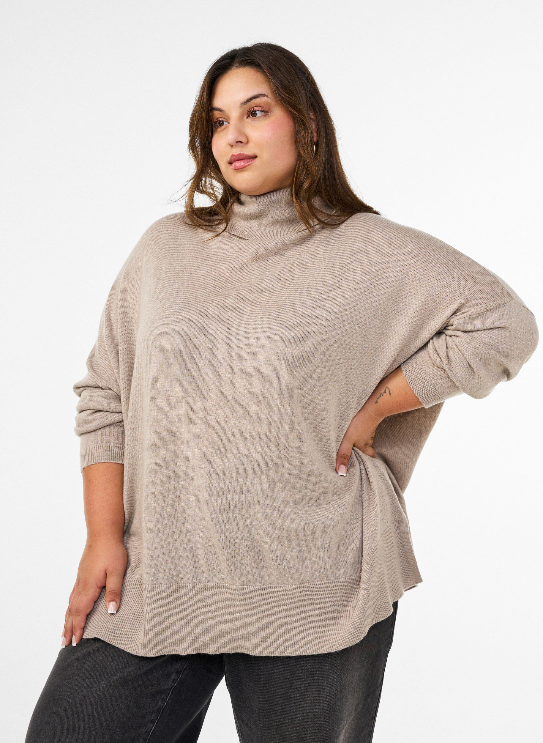 Rollkragenpullover mit lockerer Passform, Beige, Model