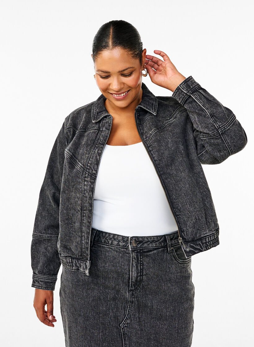 Denim-Jacke mit verdecktem Reißverschluss, Dark Grey Denim, Model image number 0