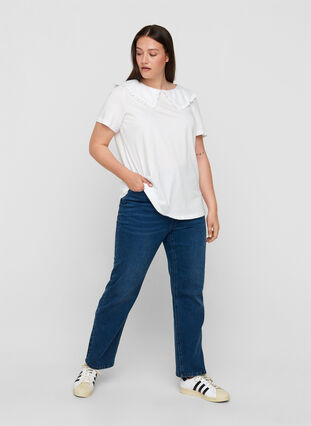 Kurzarm T-Shirt aus Baumwolle mit Kragen, Bright White, Model image number 2