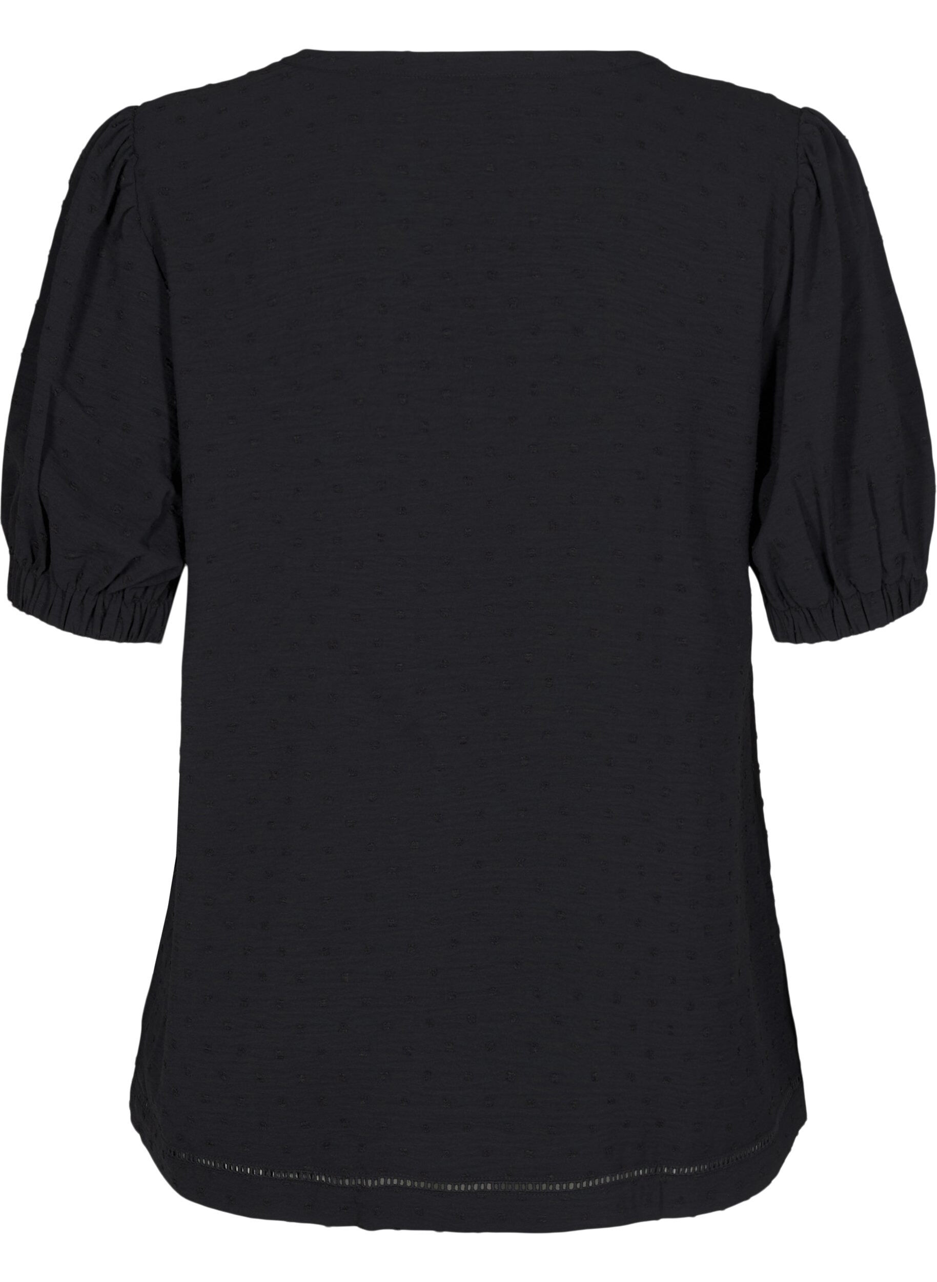 Zizzi Bluse mit kurzen Puff&auml;rmeln und gepunkteter Textur, Black, Packshot image number 1