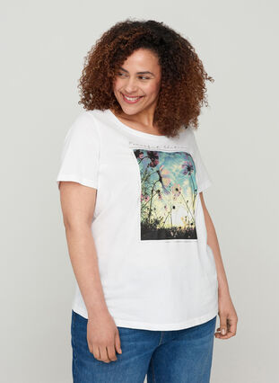 Kurzarm T-Shirt aus Baumwolle mit Aufdruck, Bright White, Model image number 0