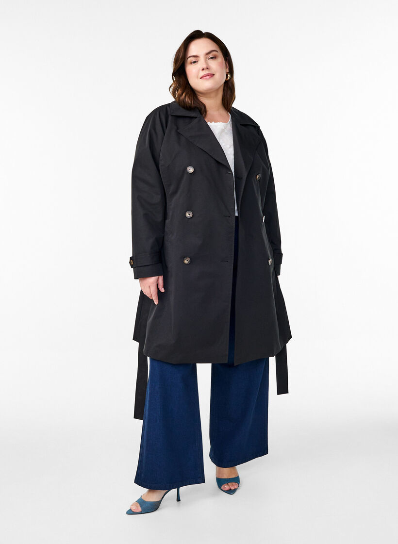 Trenchcoat in Midi-Länge mit Gürtel, Black, Model image number 2
