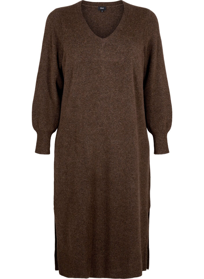 Lang&auml;rmliges Strickkleid mit V-Ausschnitt, Braun, Packshot image number 0