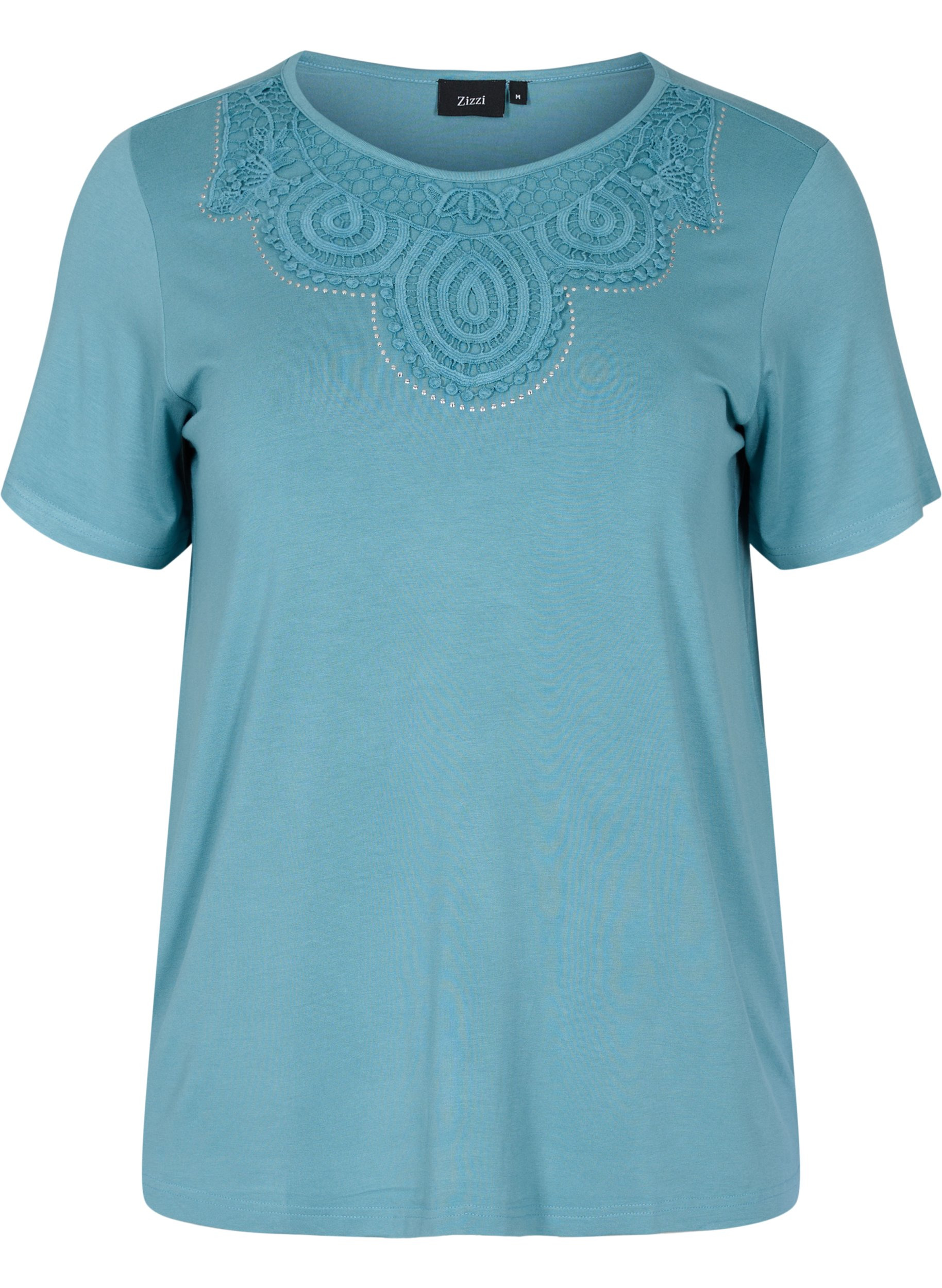 Kurzarm T-Shirt aus Viskose mit Spitzendetails, Smoke Blue, Packshot image number 0